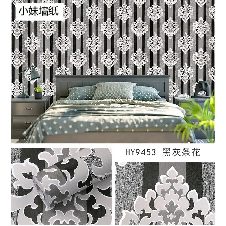 Wallpaper Stiker Dinding Motif Batik Hitam Silver Dekorasi Dinding Kamar Tidur Kertas