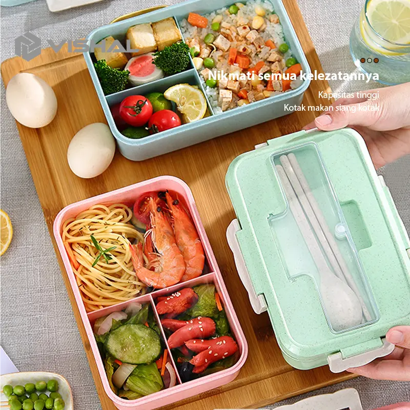 VISHAL Lunch Box Kotak Bekal Makan Jerami Gandum kotak makan ​1000ml 4 In 1 Free Sendok Tempat Makan VS-1 3