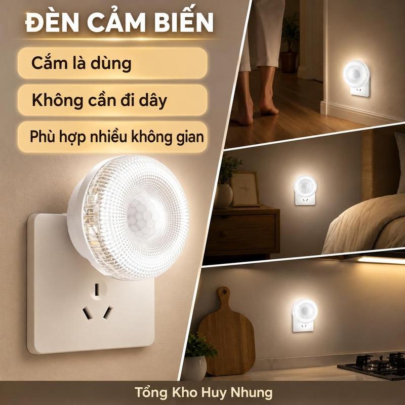 Đèn Cảm Biến Chuyển Động 220V 3W Tự Động , Đèn Ngủ Bật Tắt Cho Phòng Ngủ Cầu Thang Lối Đi Ánh Sáng Vàng 3000K