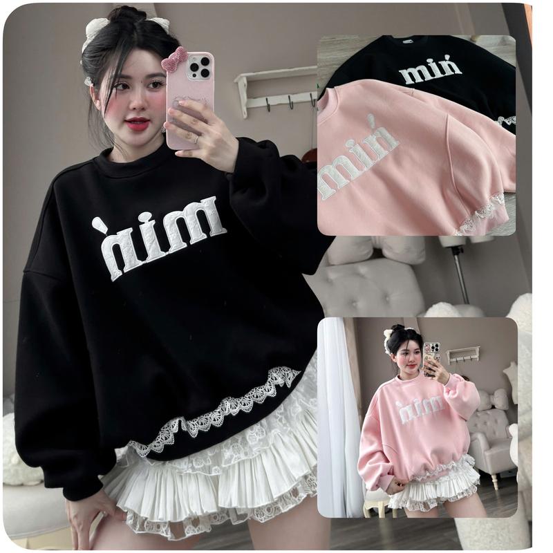 Áo nỉ Sweater nỉ tàu l1 thêu Min nơ ren xinh dài tay hot trends nỉ bông