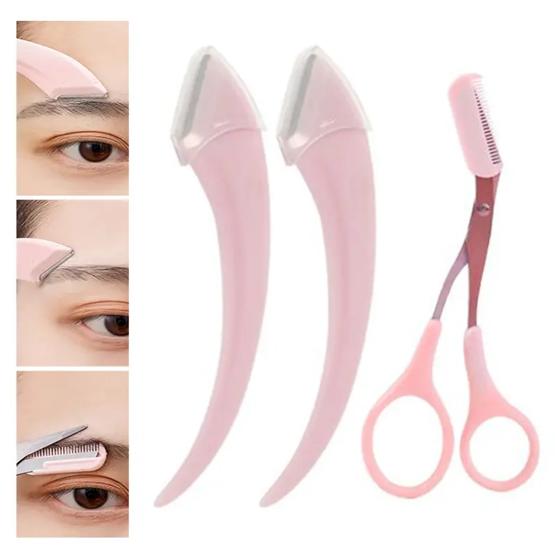 3Pcs/Set  Razor Eye Brow Trimmer Brow Comb Scissors Face Shaver Hair Removal Makeup Tool