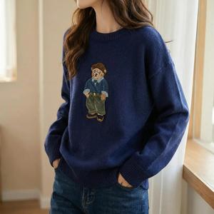 ユニセックス カートゥーンベアプリント クルーネックセーター、秋冬用カジュアルでゆったりとした長袖ニットプルオーバー