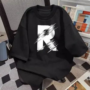Baju Atasan Gaya Amerika T-shirt Katun Tebal Lengan Pendek Model Kerah Bulat dengan Desain Huruf 'R' Cetak Kabur Fit Kaos Keren Nyaman Panjang Sweater Unisex Muda Santai Wanita