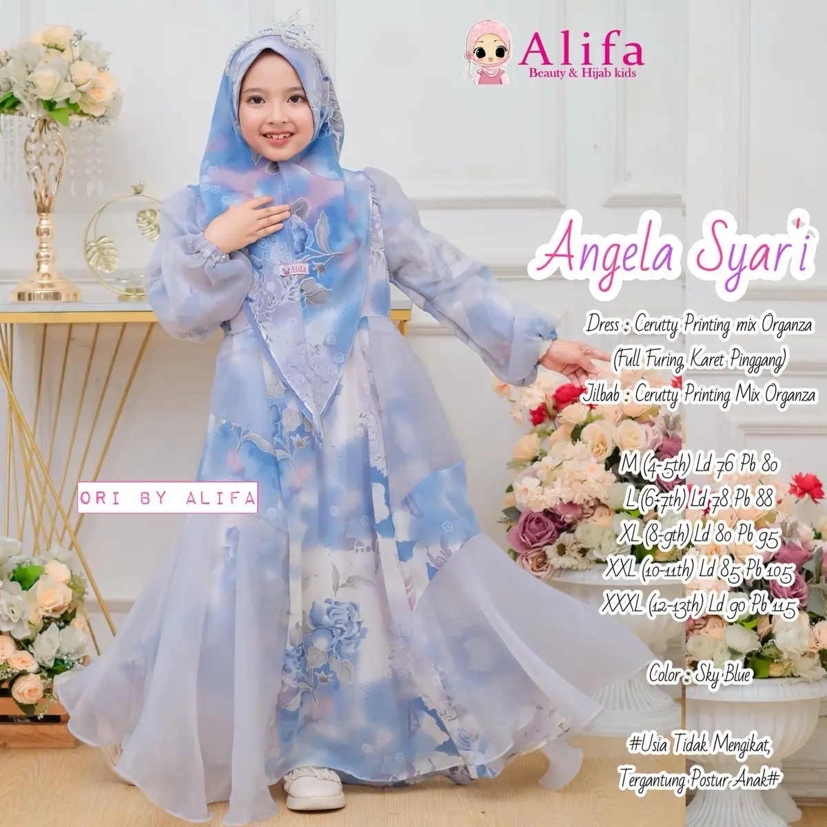 Gamis Anak Perempuan Best Seller Usia 4-13th Angela Syari Kids Free Jilbab Original Alifa Dress