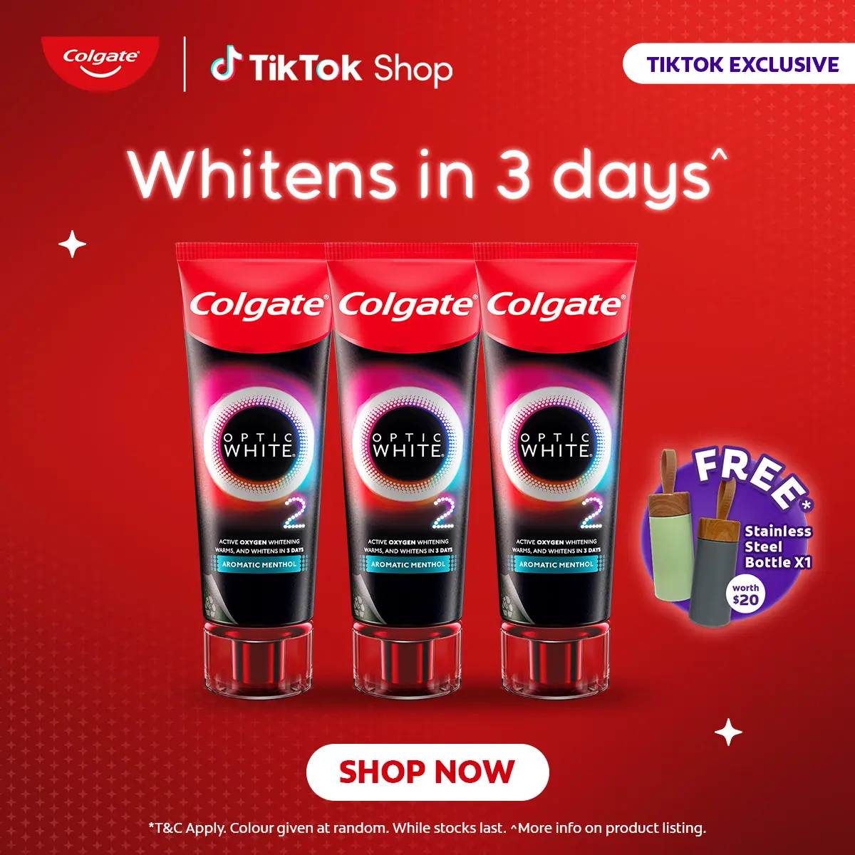 COLGATE Optic White O2 Aromatic Menthol/Peach Osmanthus Whitening Toothpaste 85g [Bundle of 3] + FREE Stainless Steel Tumbler (colour may vary)