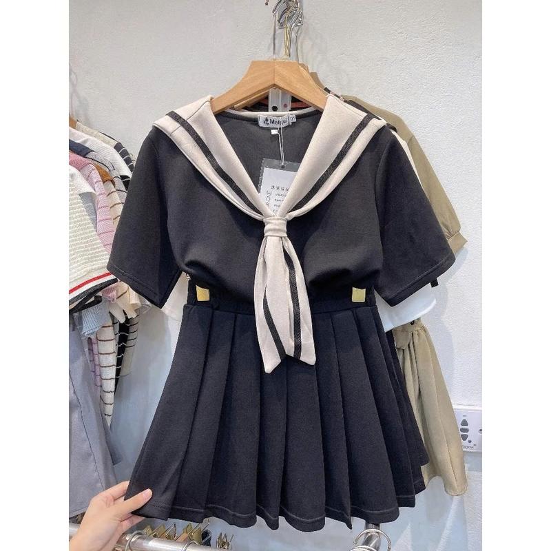  Sét 2 món áo phông thủy thủ mix chân váy xếp ly siêu đẹp 