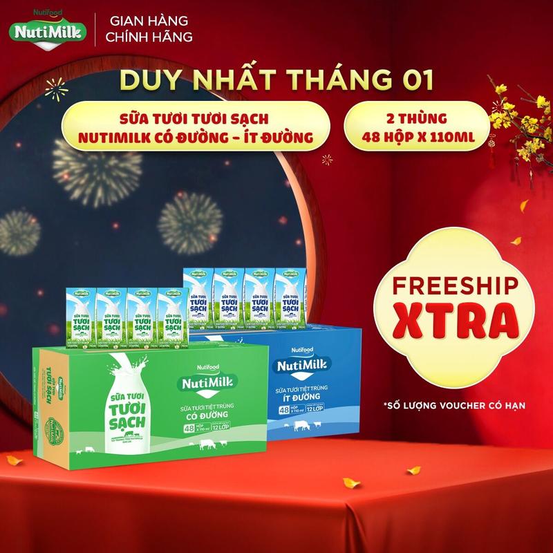  COMBO 2 Thùng 48 Hộp Sữa Tươi Tươi Sạch NutiMilk  1 Có Đường - 1 Ít Đường  110ml 