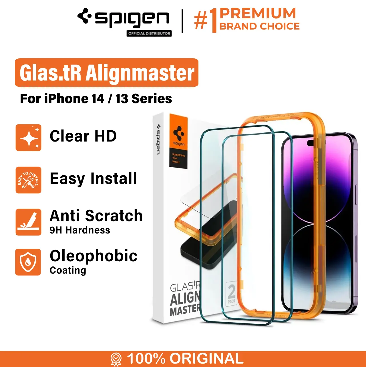 Tempered Glass iPhone 14 / 13 Pro Max Plus Spigen Alignmaster Full Clear Anti Gores Protector