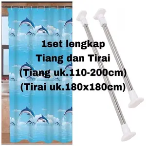 1 set lengkap Tirai mandi dan Tiang Tirai mandi dan Tiangnya Kamar mandi Shower Dapat disesuaikan Kamar mandi