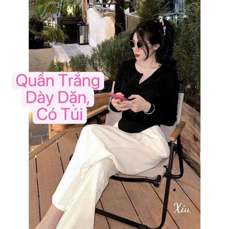 Dưới 54kg Set đồ nữ Quần suông Trắng Dày Dặn lưng thun sau có túi + áo cổ u tay dài vạt bầu phối nút