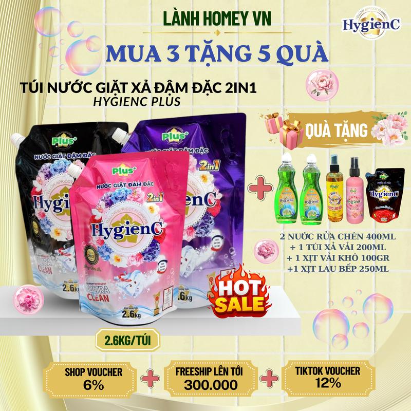 MUA 3 TẶNG 5 QUÀ Combo 3 Túi Nước Giặt HygienC Plus 2.6Kg Túi - Hương Nước Hoa - QUÀ: 1 TÚI XẢ VẢI 200ML + 2 CHAI NƯỚC RỬA CHÉN 400ML + 1 XỊT KHÔ HỒNG + 1 LAU BẾP