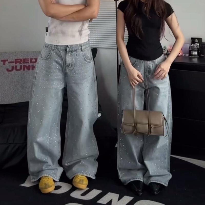 [LƯƠNG TOÀN THẮNG ] Quần Jean Dài Wash ĐÍNH ĐÁ BLING BLING FAFIC Studio ỐNG SUÔNG unisex Hàn Quốc Quần BAGGY Jeans dáng suông jean Nam Nữ