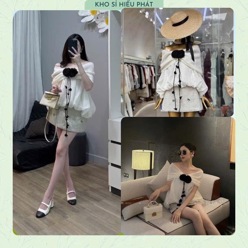 ( Mở Bán - Hoa Nổi ) Set Áo Trễ Vai Hoa Cuộn Phối Chân Váy Dạ Thêu Nơ Dáng A Xinh Xắn Nhẹ Nhàng - by HP