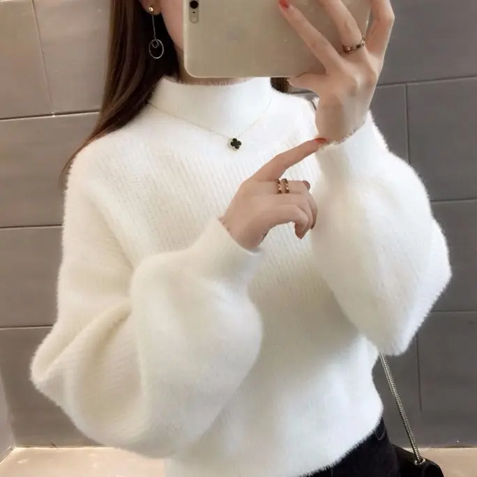 Áo Len Nữ, Lông Chồn Nhân Tạo, Áo Áo Chui Đầu Mùa Thu Và Mùa Đông, Phong Cách Thường Ngày Tay Phồng Ngắn, Áo Len Mặc Trong, Dày, Không Xơ Vải, Năm 2025 4