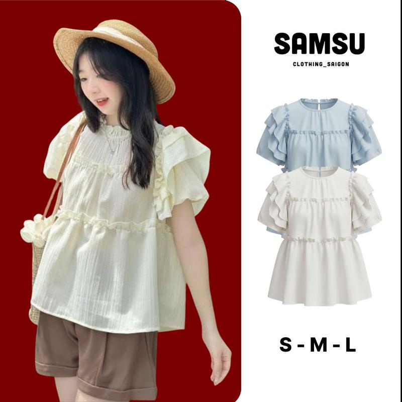 Áo babydoll tay bồng BÈO TẦNG phong cách Hàn Quốc vạt cánh tiên chất đũi gân Samsu.clothing_saigon Nữ Top Women Ren