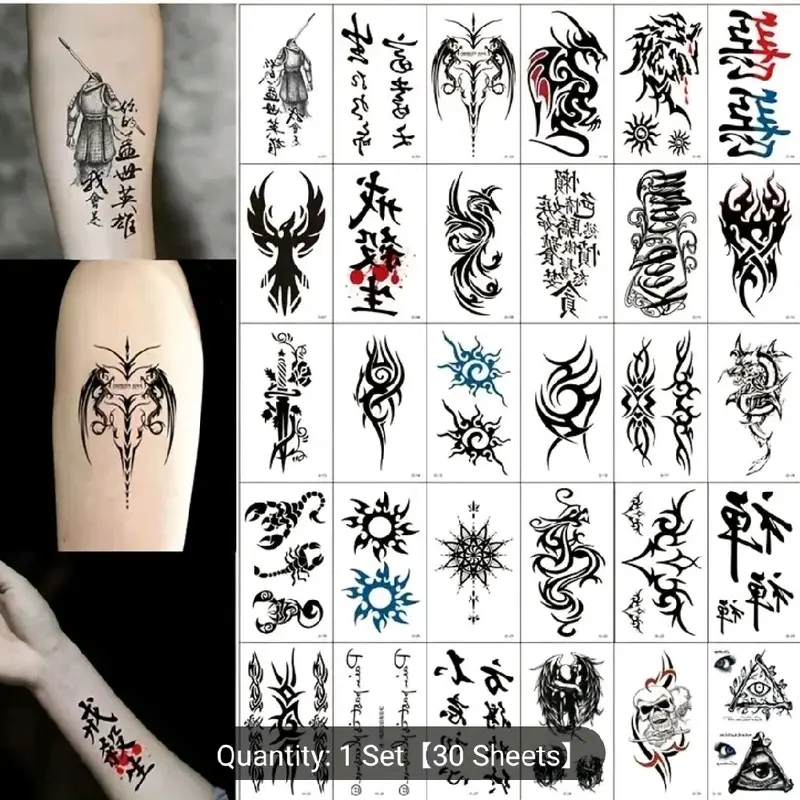 Paket 30 Gambar Tatto Tato Temporer Tubuh Aestethic Tattoo Burung Naga Phoenix Tulisan Kanji Jepang Wanita - Tatto Temporary Tahan Air Sementara Kering - Tattoo Bunga Lotus Teratai Hitam 0