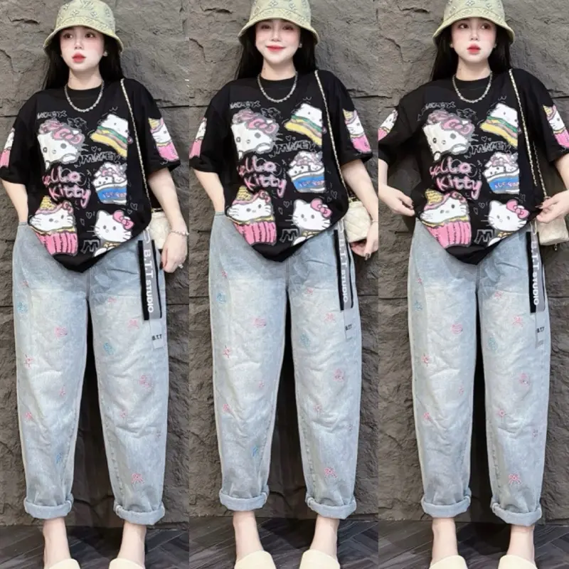 Set bộ jean dài baggy mèo kity quần thêu from rộng áo siêu cấp cotton tay ngắn cổ tròn quần cotton mềm lưng thun co giản Women