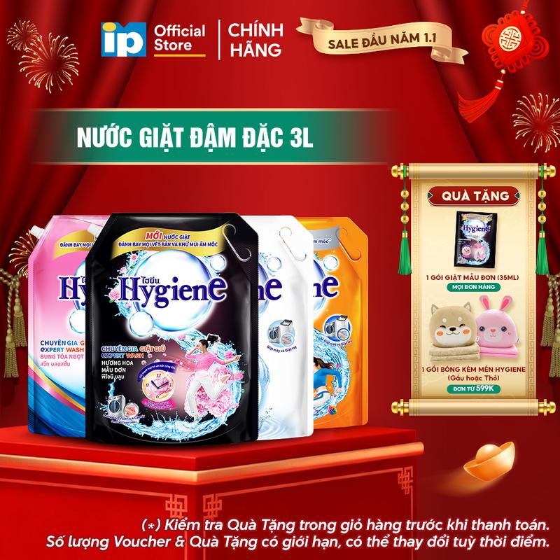 Nước Giặt Đậm Đặc Hygiene 3L Dịu Êm Ánh Dương Hạnh Phúc Hoa Mẫu Đơn Bung Tỏa Ngọt Ngào
