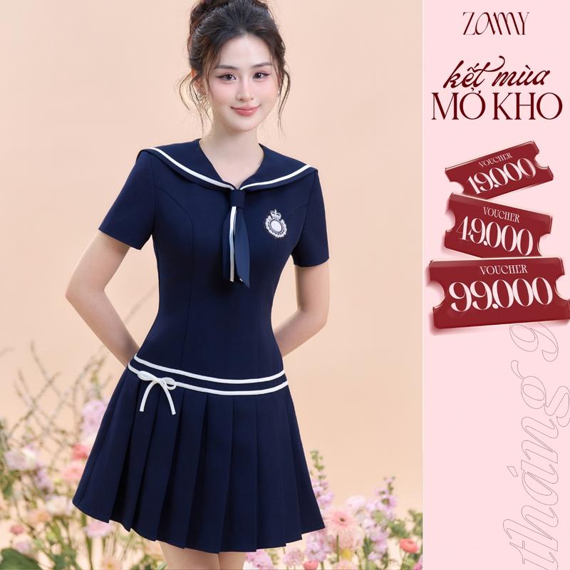 ZAMYSHOP - Váy TK cổ thủy thủ chân xếp ly nữ tiểu thư thanh lịch đi làm, đi chơi, dạo phố dáng xinh