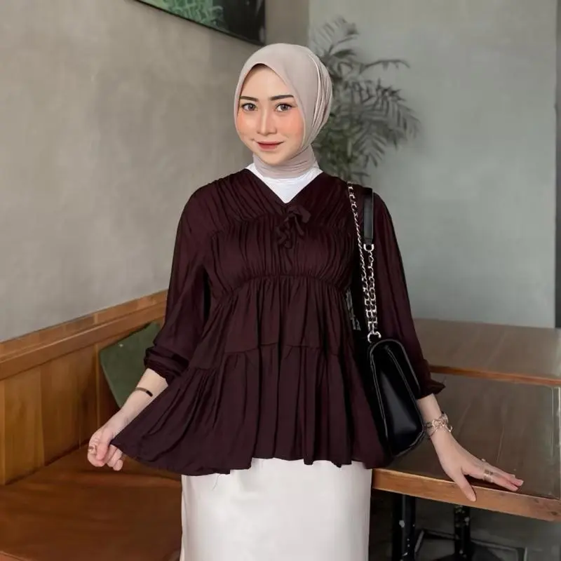 Mireya Blouse Kerut Dada Lengan Panjang Bahan Rayon Adem Atasan Wanita Model Terbaru