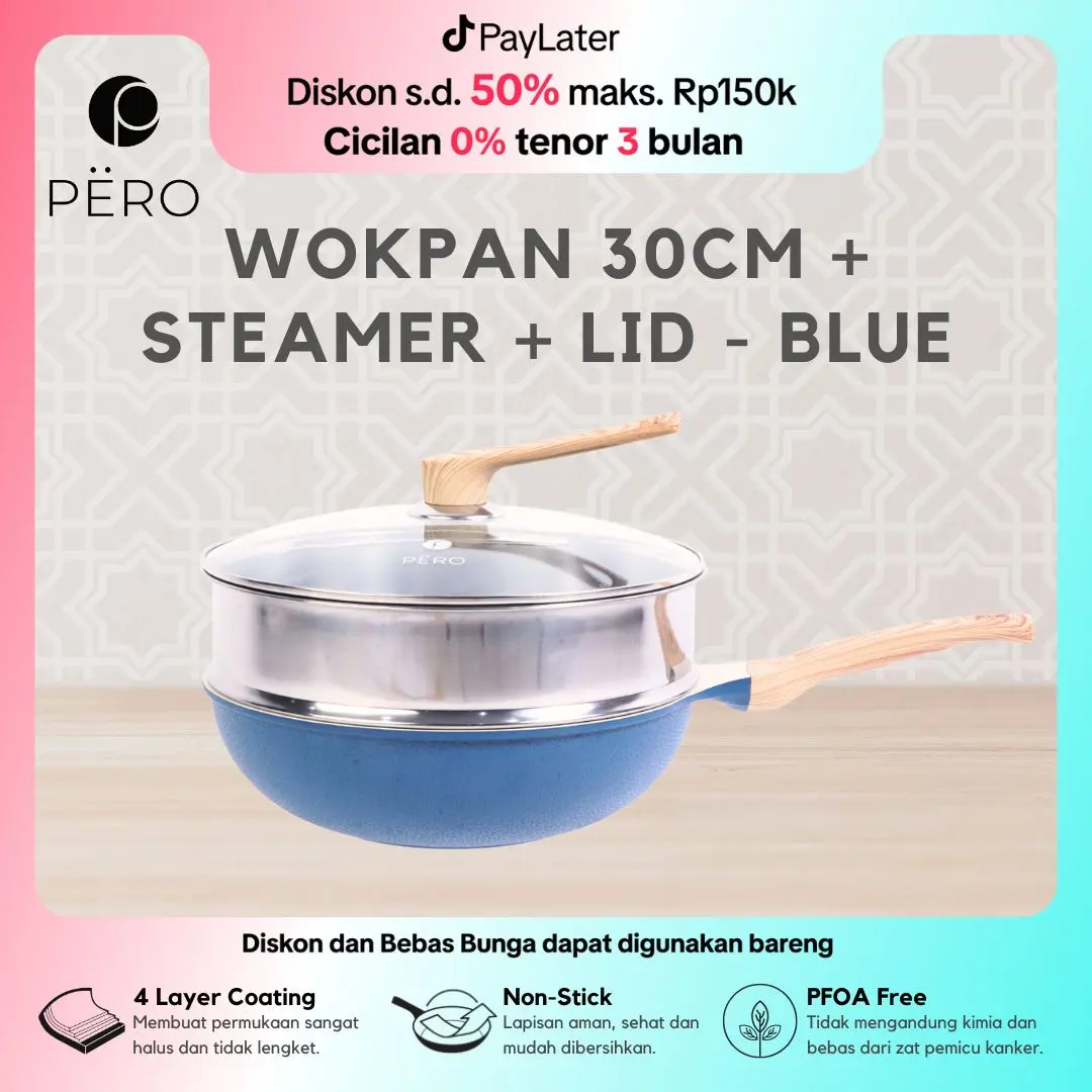 [Exclusive Celyhome] Pero Wok Pan 30cm with Glass Lid Wooden Handle Biogranite Non Stick / Wajan Penggorengan Ukuran 30cm dengan Tutup Kaca Handle Kayu Anti Lengket