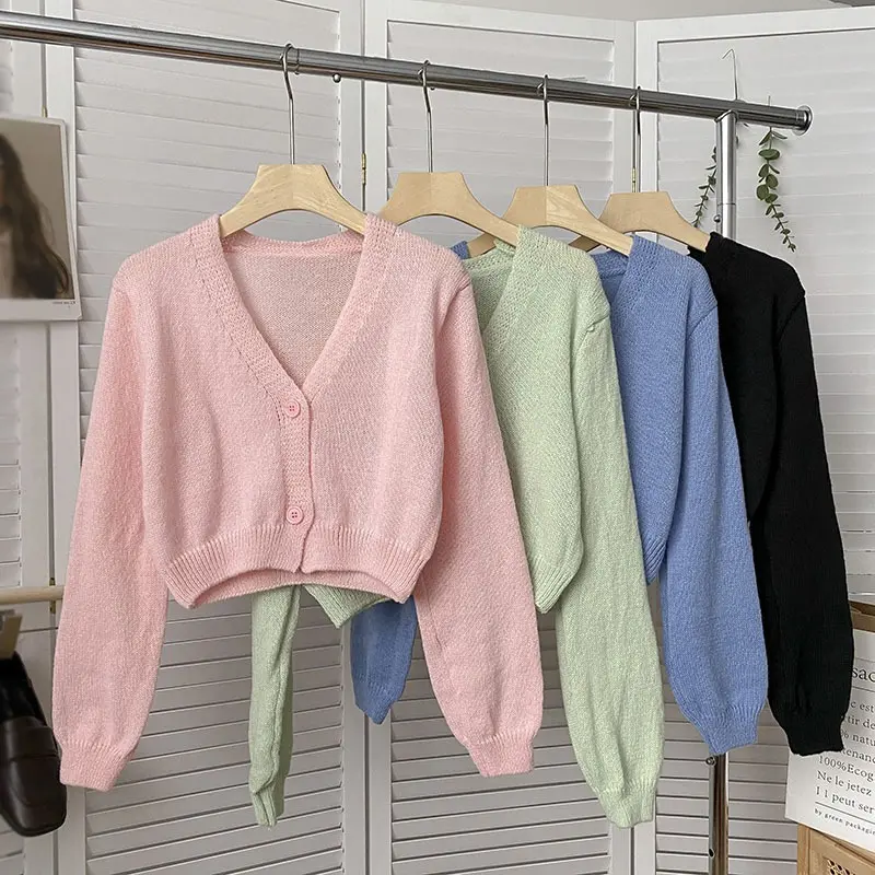 Women Cardigan Sweater Winter Button Pullover Long Sleeve Sweater V Neck Short Top Ladies Thin Solid Sweet Cardigan Coat