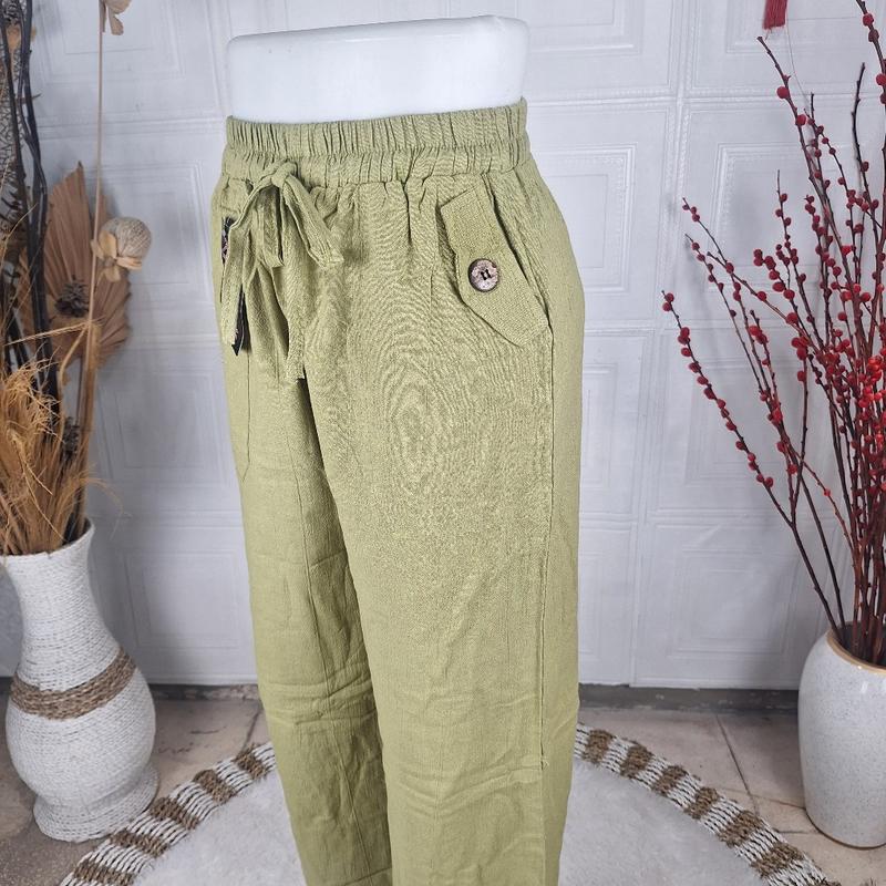 Product Introduction of Celana Kulot Cewek Bahan Linen Saku Samping Model Tempel Variasi Kancing Panjang 4