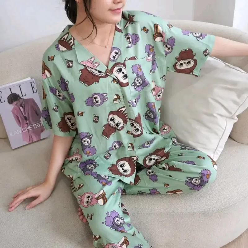 Piyama Labubu Rayon Wanita Motif Lengan Pendek - Busui jumbo Setelan Celana Panjang - Bahan Rayon Premium 0