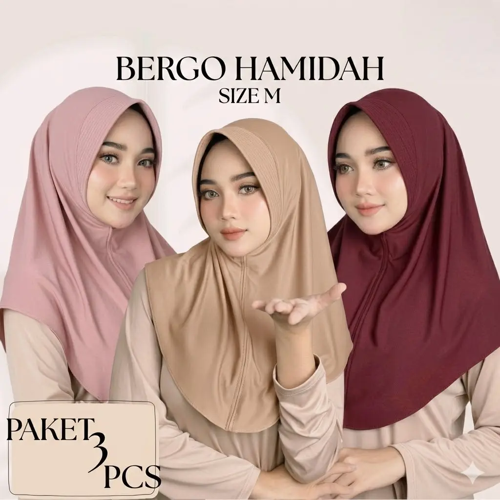 Paket 3pcs Hijab Bergo Hamidah Size M Spandex Premium Kerudung Instan Nyaman Adem untuk Kebutuhan Sehari-hari dan Sport hijab murah bahan berkualitas