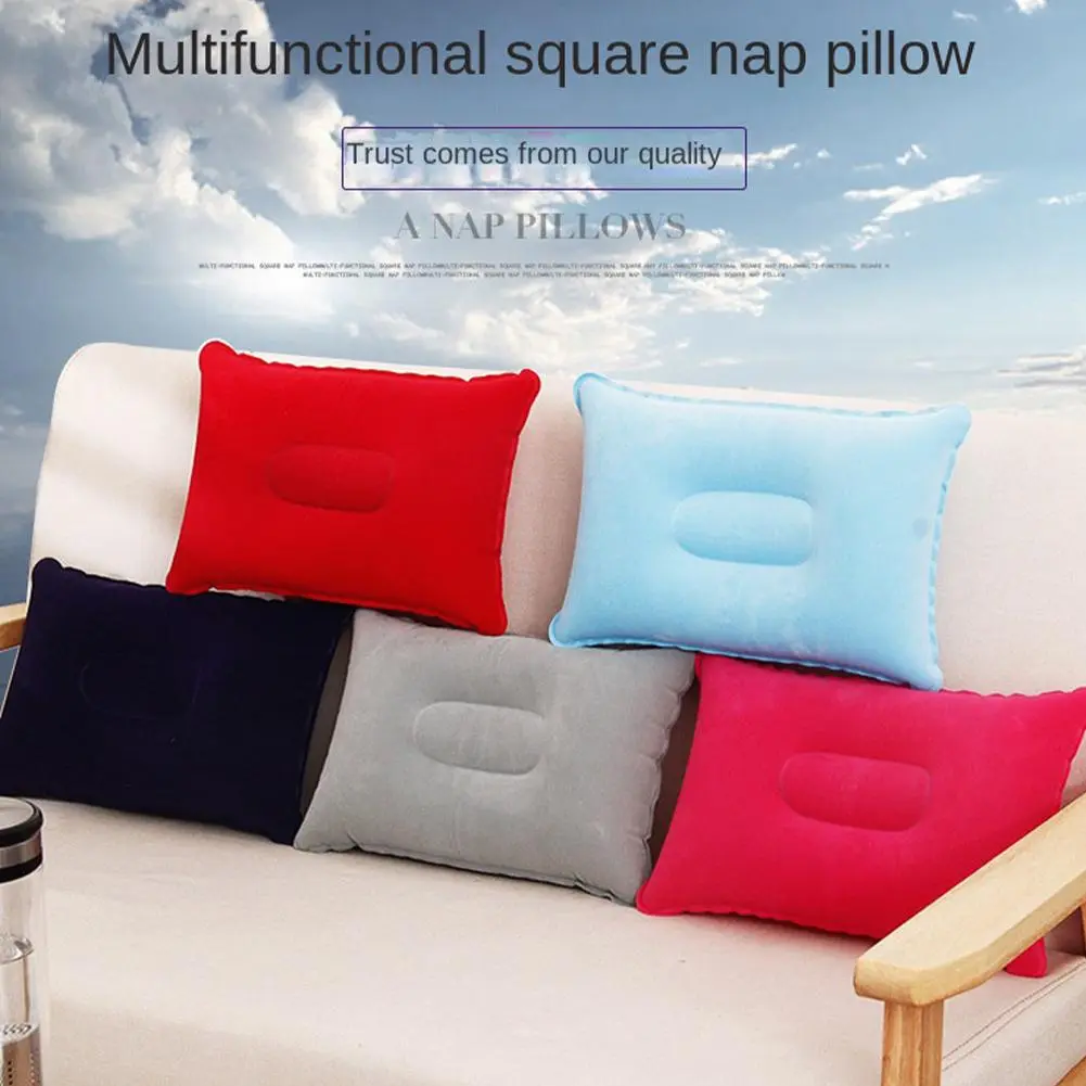1pc PVC Flocked Sleep Pillow For Outdoor Travel Camping Office Inflator Cushion Foldable Portable