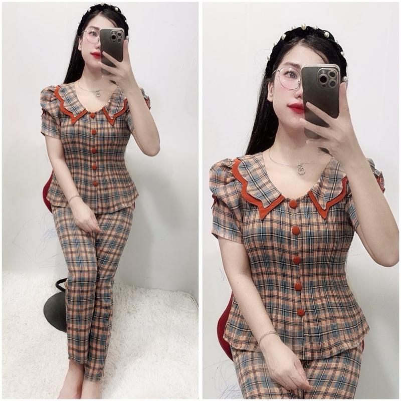  Đồ Bộ Nữ Thiết Kế Cổ Lượn Áo Dập Ly Tay Ngắn Quần Dài Mẫu Đồ Bộ Mặc Nhà Mát Chất Mango Mềm Mịn 