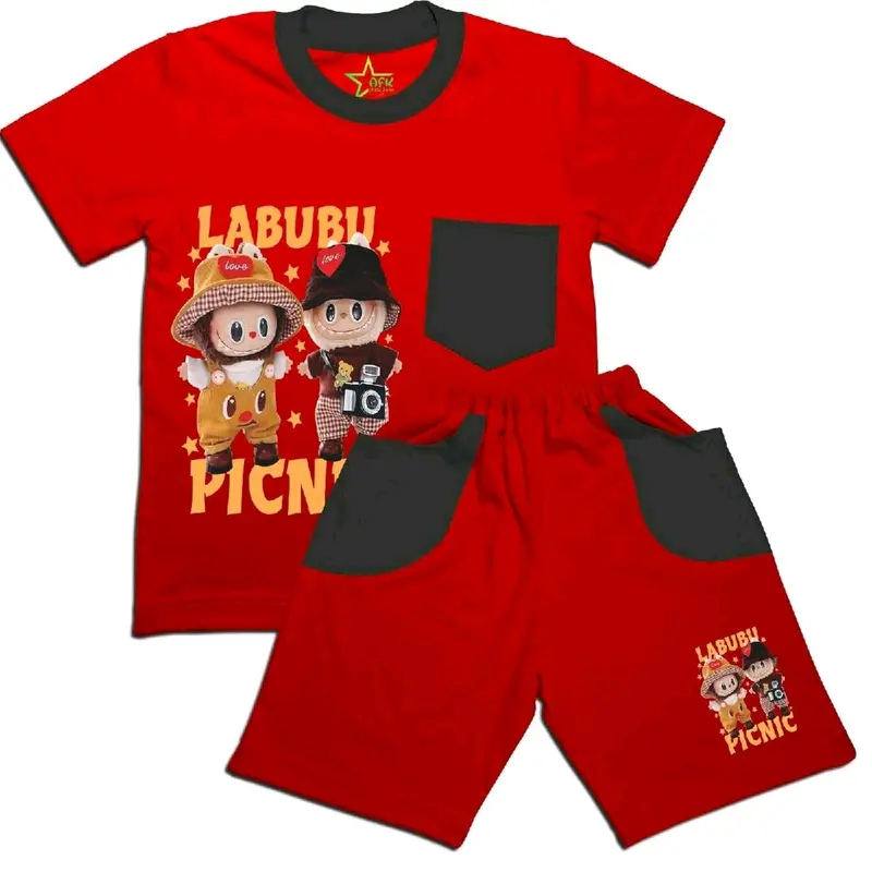 Stelan kaos anak karakter lucu Labubu picnic berbahan lembut usia 2-8th Fashion Celana Set Katun 3