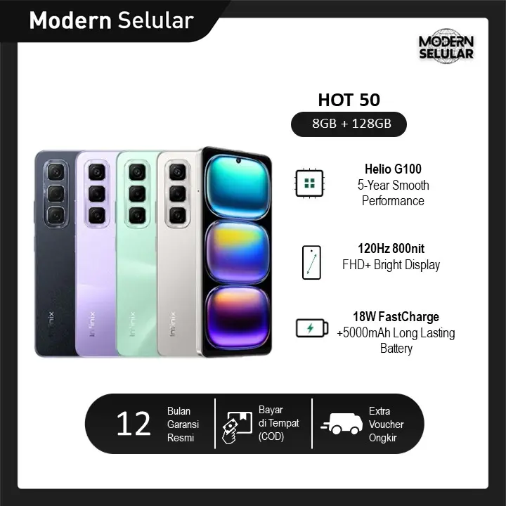 [Promo] Infinix Hot 50 8/128GB - Up to 16GB Extended RAM - Helio G100 - 6.78 inch 120Hz FHD+ - 50MP - 5000 mAh - NFC - Garansi Resmi 0