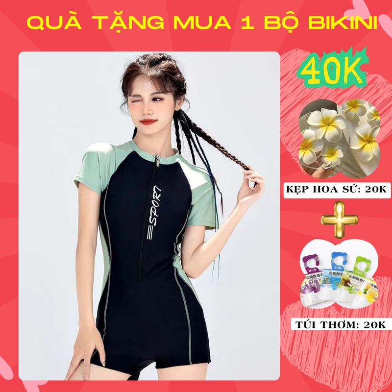 Bộ đồ bơi liền thân jumsuit kín đáo quần đùi áo cộc tay bikini 1 mảnh thể thao Pickleball năng động JUM SPORT VIỀN XANH BK22