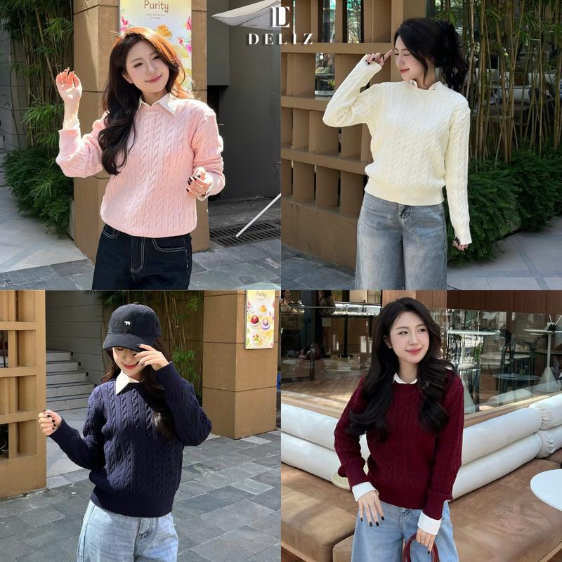 MỞ BÁN DELIZ - Áo len cổ tròn dài tay form rộng vặn thừng dáng trơn basic cho nữ AL69