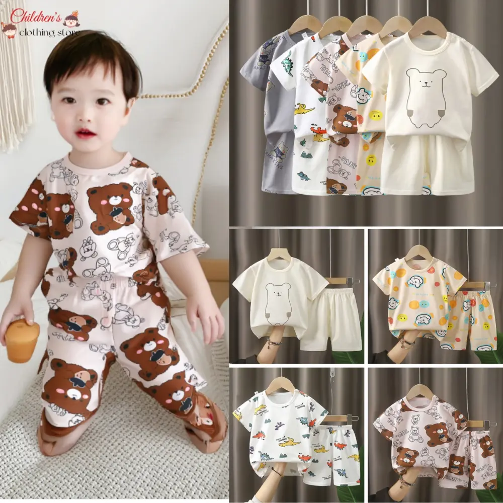(1SET=2PCS) 80-120cm Kids Terno Pajama Set Kids Terno Sleeves Sleepwear For Boys Girls Dinosaur Sleepwear Nightwear Pyjamas Pajama Kids Boys Girls Short Sleeved Kids Children's