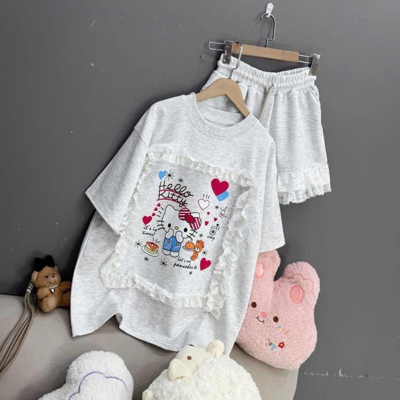 (MẪU MỚI) Sét bộ áo thun cổ tròn gấu đính nơ kèm quần đùi freesize form rộng cho nữ