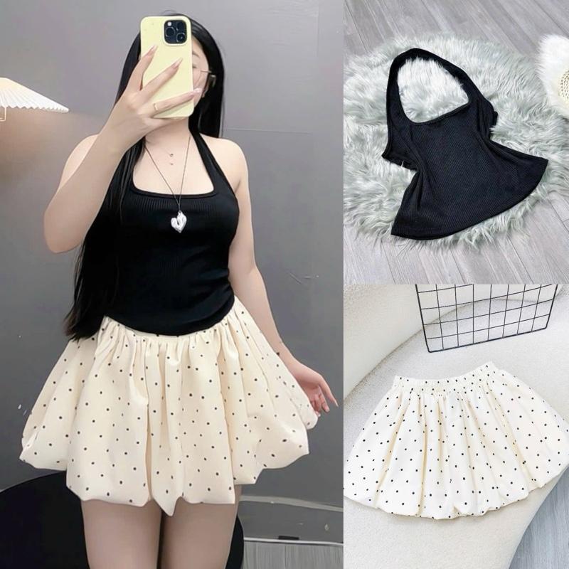 Set Bigsize Hè Xinh Xắn CÓ LẺ ÁO VÁY Áo Yếm Ôm KHÔNG MÚT Mix Váy Bí Ngô Dễ Thương Tôn Dáng Cho Chị Em Chuppy 58-92Kg - G5 CV423