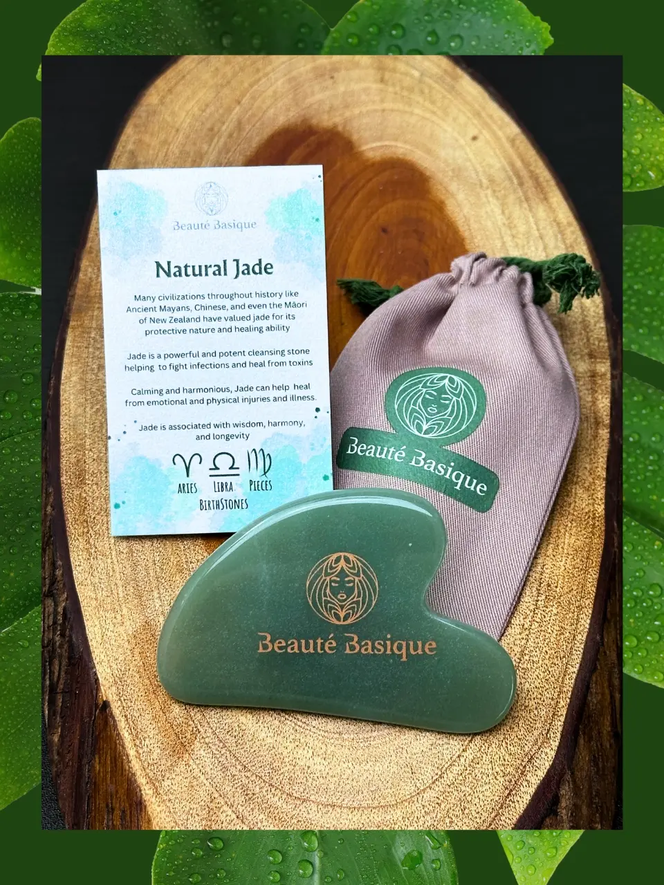 Guasha Jade Alami Kualitas Grade A dengan Pouch - Beauté Basique - Perawatan, Facial, Muka, Kering, Wajah