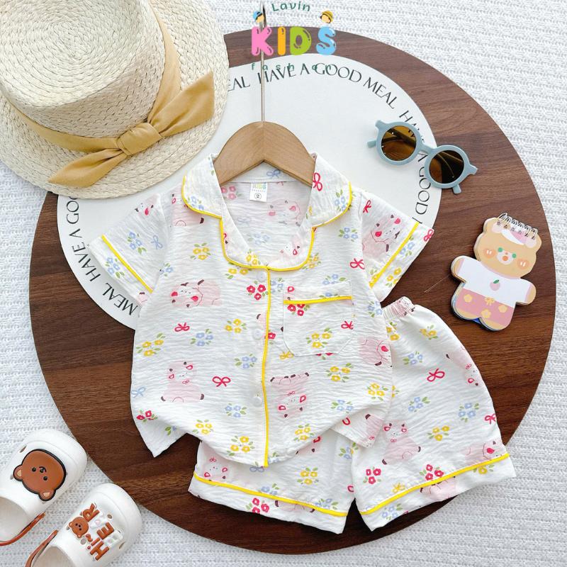 Bộ Pijama đùi vải cotton Hàn cho bé gái Lavin Kids 5-20kg mềm mại, thoáng mát, ít co rút