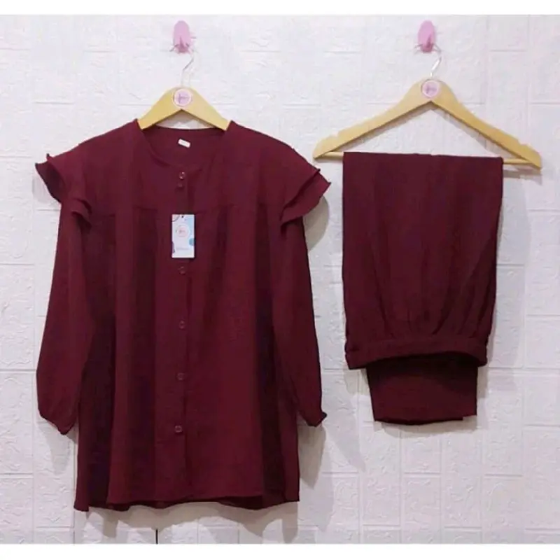 Setelan Cringkel Wanita Dewasa bisa Cod Baju Muslim Panjang Remaja Crinkle  Airflow Kancing 4
