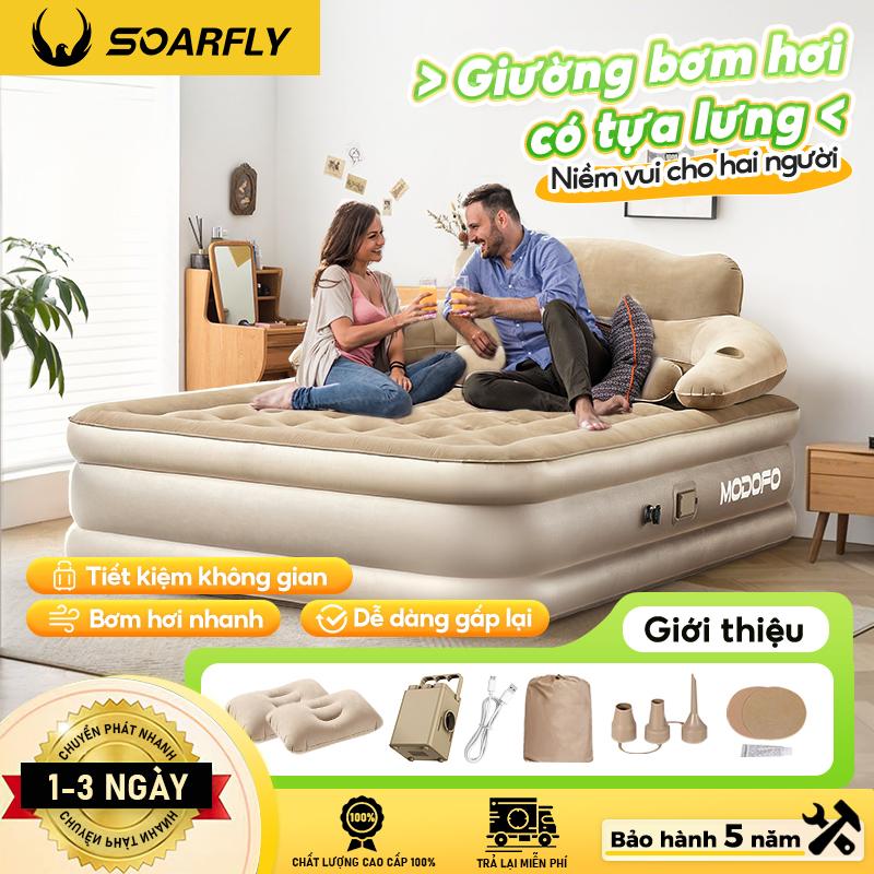 MODOFO Giường hơi đôi có tựa lưng đệm hơi 150x230cm có bơm 4000mAh bề mặt nhung mềm bơm hơi nhanh trong 3-5 phút bền và di động lý tưởng cho cắm trại phiêu lưu tại nhà và ngoài trời