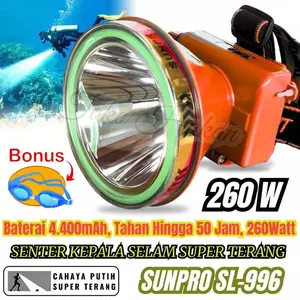 Sunpro Senter Kepala Selam SL-996 260W Super Terang Baterai 4.400mAh Tahan 50 Jam Bonus Kacamata Renang Lensa Kuning Biru Diving