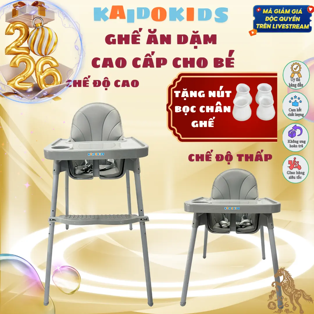 {KAIDOKIDS} Ghế ăn dặm cho bé từ 6 tháng đến 3 tuổi, bàn ăn kèm mặt bàn diều chỉnh 2 nấc 3 dây đai an toàn.