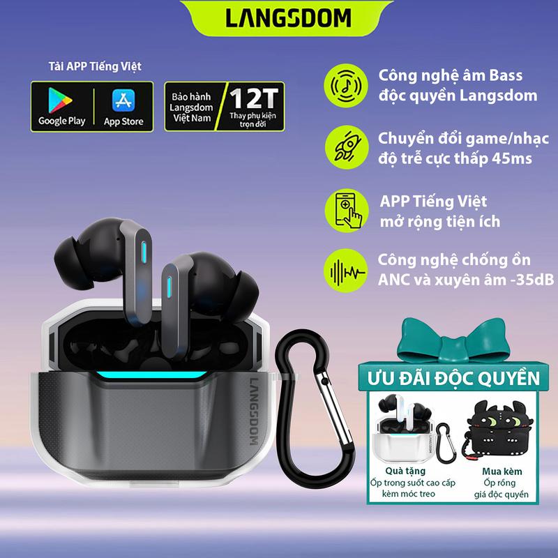 Tai nghe Bluetooth Gaming Langsdom Zeta Bass mạnh APP Tiếng Việt Bluetooth 6.0 Chống ồn chủ động ANC Độ trễ game cực thấp 45ms Míc lọc ồn ENC