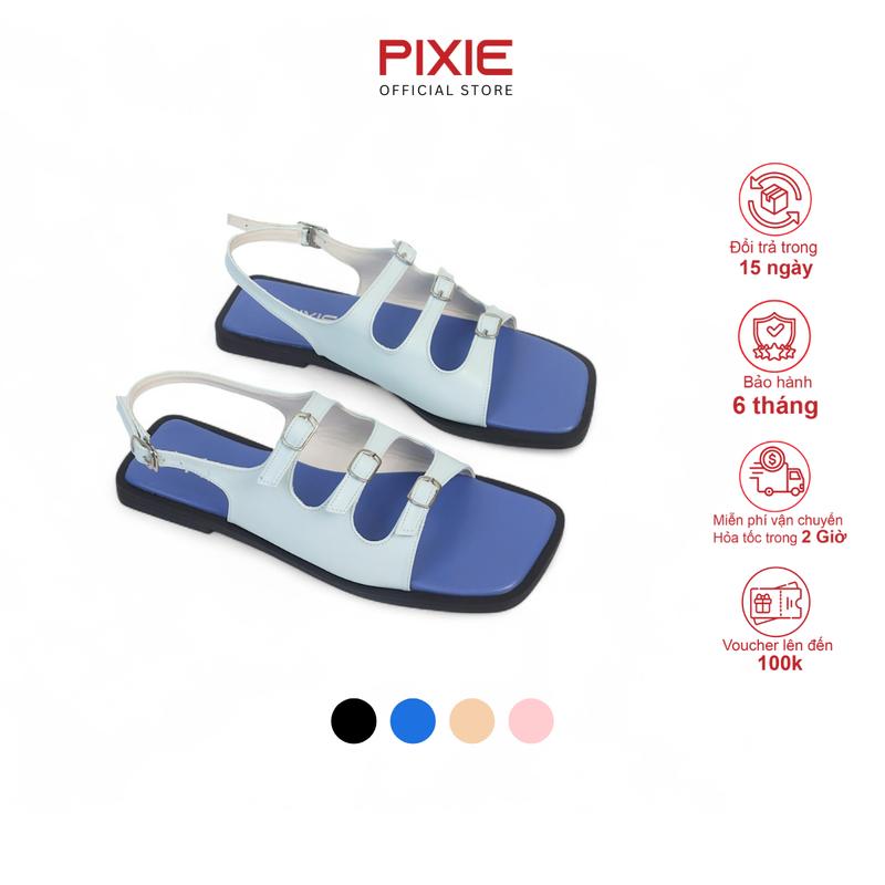 XẢ KHO Giày Sandal Bệt Nữ Mũi Vuông Ba Quai Ngang Gắn Khoá Pixie H325