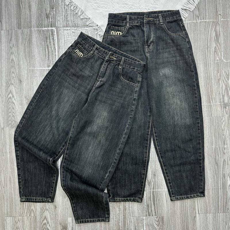 9126 BIGGSIZE Quần jeans baggy nữ cạp cao quần baggy dáng thụng thêu chữ nhỏ
