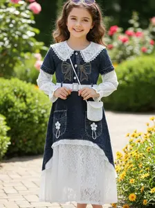 (Free Tas) Dress Gamis Jeans Snow Black Lengan Brukat Belt Pita Anak Perempuan Usia 3-10 Tahun Virall Fashion Import COD Bahan Nyaman Gaya Modis