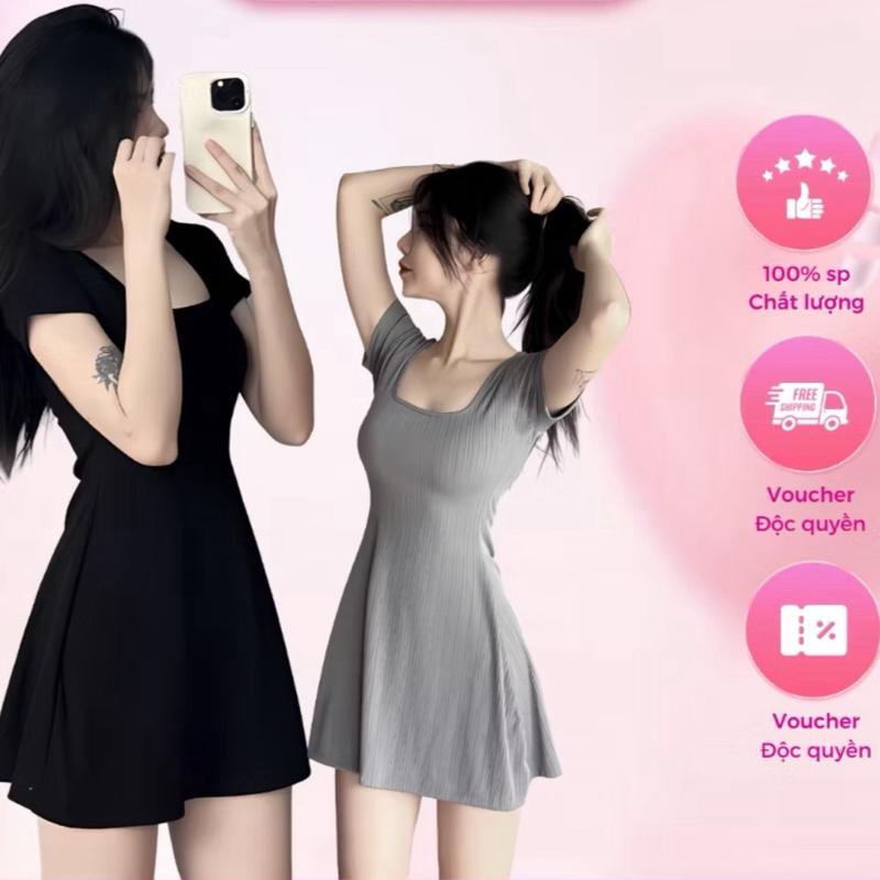 B10 Đầm cổ vuông chữ U dáng xoè ngắn Váy Cổ Vuông dáng ngắn xoè size dưới 53kg