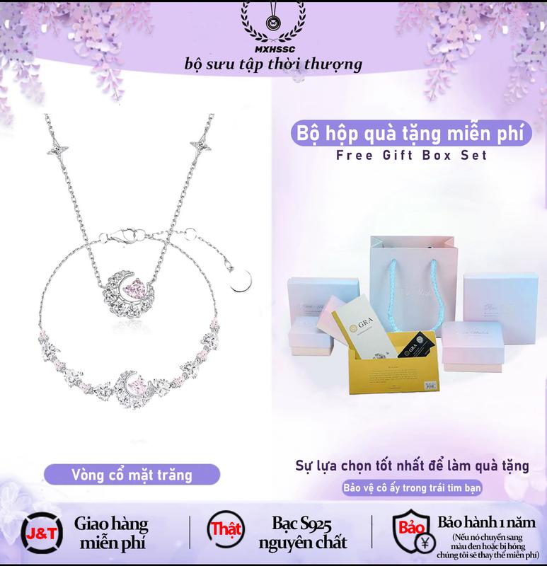 Dây chuyền mặt trăng trái tim S925 Fantasy - Niche sang trọng nhẹ nhàng cho nữ - Tình yêu màu hồng - Dây chuyền xương đòn hình sao trăng - Trang sức - Quà tặng - Quà tặng cho bạn gái - Quà tặng ngày lễ tình nhân Women Jewelry